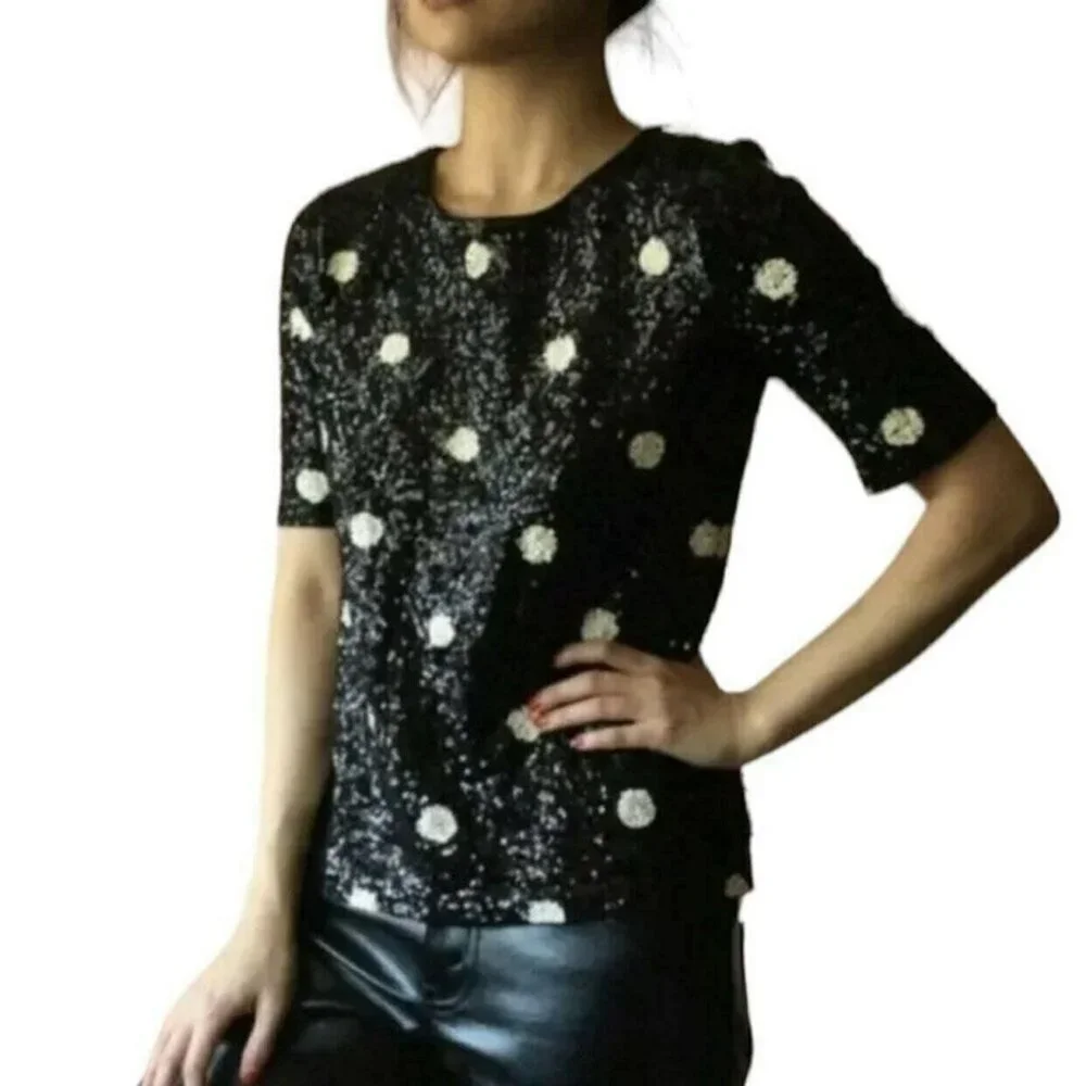 J. Crew Black Ivory Polka Dot Womens Scoop Neck Sequin Top Festive Party Size S - Picture 2 of 9